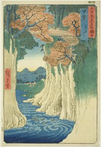 Província de Kai: Monkey Bridge (Kai, Saruhashi), da série "Lugares Famosos nas Sessenta Províncias (Rokujuyoshu meisho zue)" de Utagawa Hiroshige