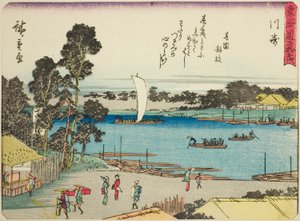 Kawasaki, from the series "Fifty-three Stations of the Tokaido (Tokaido gojusan tsugi)," also known as the Tokaido with Poem (Kyoka iri Tokaido) de Utagawa Hiroshige