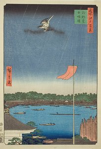 Komagata Hall e Ponte Azuma (Komagatado Azumabashi), n.o 62 da série "Cem vistas famosas de Edo (Meisho Edo hyakkei)" de Utagawa Hiroshige