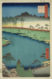 Santuário Kumano Junisha em Tsunohazu, Popularmente Conhecido como Juniso (Tsunohazu Kumano Junisha, zokusho Juniso), da série "Cem Vistas Famosas de Edo (Meisho Edo hyakkei)" de Utagawa Hiroshige