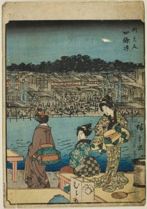 Kyoto: Evening Cool at Shijo (Onajiku taibi, Shijo suzumi), da série "Cinquenta e três estações [do Tokaido] (Gojusan tsugi)", também conhecido como Figura Tokaido (Jinbutsu Tokaido) de Utagawa Hiroshige