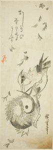 Patos mandarim cruzando lagoa gelada em meio a folhas caindo de Utagawa Hiroshige