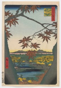 Maple Trees na Mama, Tekona Shrine e Linked Bridge, período Edo, 1857 (print woodblock colorido)