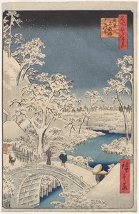 Foto de Crepúsculo na Drum Bridge em Meguro, da série 100 Views of Famous Places in Edo de Utagawa Hiroshige
