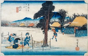 Minakuchi: famosa produção de Kampyo, da série &39;Cinquenta e Três Estações no Tokaido&39;, c.1834-35 (impressão xilogravura colorida)