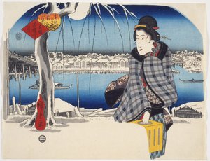 Lua após a neve em Rygoku da série Três vistas de neve em lugares famosos na capital oriental, c.1840 (impressão de woodblock de cor)
