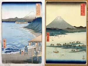 Montanhas e litoral, dois pontos de vista de &39;36 vistas do Monte Fuji &39;, pub. por Kosheihei, 1853, (impressão do woodblock da cor)
