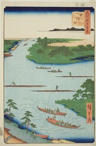 Boca do rio Nakawaga (Nakagawaguchi), n.º 70 da série "Cem vistas famosas de Edo (Meisho Edo hyakkei)" de Utagawa Hiroshige