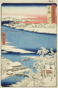 Província de Musashi: Manhã após a neve no rio Sumida (Musashi, Sumidagawa yuki no ashita), da série "Lugares famosos nas sessenta e poucas províncias (Rokujuyoshu meisho zue)" de Utagawa Hiroshige