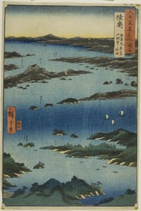 Província de Mutsu: Vista de Matsushima com uma perspetiva distante do Monte Tomi (Mutsu, Matsushima fukei, Tomiyama chobo no ryakuzu), da série "Lugares famosos nas sessenta e tantas províncias (Rokujuyoshu meisho zue)" de Utagawa Hiroshige