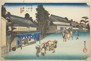 Narumi: Famosos tecidos tingidos de Arimatsu (Narumi, meibutsu Arimatsu shibori), da série "Cinquenta e três estações do Tokaido (Tokaido gojusan tsugi no uchi)", também conhecido como Hoeido Tokaido de Utagawa Hiroshige