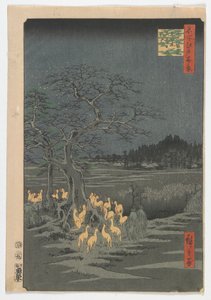 Véspera de Ano Novo Foxfires na Árvore em Mudança, período Edo, 1857 (impressão em xilogravura a cores)