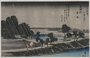 Night Rain at the Azuma Shrine (da série Eight Views of the Environs of Edo) de Utagawa Hiroshige