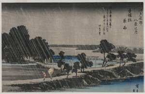 Chuva noturna no Santuário Azuma da série Oito Vistas dos arredores de Edo, meados da década de 1830. de Utagawa Hiroshige