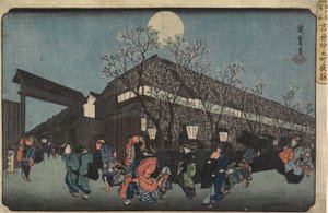 Visão noturna de Nakanomachi com flores de cerejeira no Yoshiwara, 1832-1834