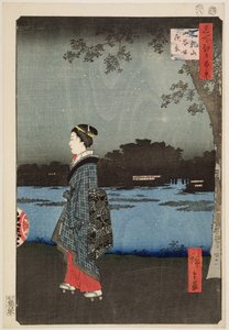 Visão noturna de Sanya Canal e Matsuchi Hill, da série &39;100 vistas de vistas famosas de Edo&39;, 1857 (xilogravura)
