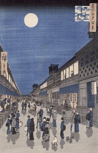 Visão nocturna da rua Saruwaka, de &39;Meisho Edo Hyakkei&39; (cem vistas de Edo) (impressão em xilogravura a cores)