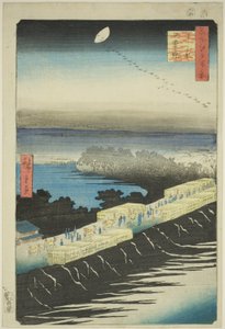 Imagem japonesa m versão k lado t, Yoshiwara (Yoshiwara Nihonzutsumi), da teserie s "Ridge branch d red fanet s Vistas de Edo (cem vistas de Edo)" de Utagawa Hiroshige