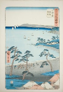 Odawara: Casas de Pescadores na Praia (Odawara, kaigan gyosha), n.º 10 da série "Paisagens Famosas das Cinquenta e Três Estações (Gojusan tsugi meisho zue)", também conhecida como Tokaido Vertical de Utagawa Hiroshige