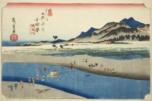 Odawara: O Rio Sakawa (Odawara, Sakawagawa), da série "Cinquenta e três estações da estrada Tokaido (Tokaido gojusan tsugi no uchi)", também conhecido como Hoeido Tokaido de Utagawa Hiroshige