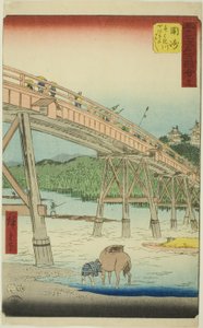 Okazaki: Ponte Yahagi no rio Yahagi (Okazaki, Yahagigawa Yahagi no hashi), nº 39 da série "Famous Sights of the Fifty-three Stations (Gojusan tsugi meisho zue)", também conhecida como Vertical Tokaido de Utagawa Hiroshige