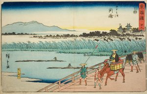 Okazaki: Rio Yahagi (Okazaki, Yahagigawa)—Nº 39, da série "Cinquenta e três estações do Tokaido (Tokaido gojusan tsugi)", também conhecido como Reisho Tokaido de Utagawa Hiroshige