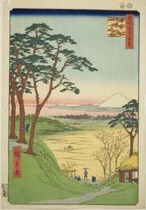Casa de Chá do Velho, Meguro (Meguro Jijigachaya), da série "Cem Vistas Famosas de Edo (Meisho Edo hyakkei)" de Utagawa Hiroshige