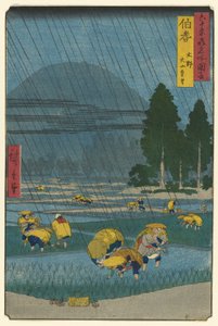 Ono, Vista Distante do Monte Daisen na Província de Hoki (Hoki, Ono, Daisen enbo), da série "Lugares Famosos nas Sessenta Províncias Estranhas (Rokujuyo-shu meisho zue)" de Utagawa Hiroshige