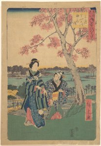 Observação das flores de ameixeira no terceiro mês junto ao rio Sumida, da série Eventos anuais em locais célebres da capital oriental (Tōto meisho nenjū gyōji sangatsu sumitagawa waka mōde)