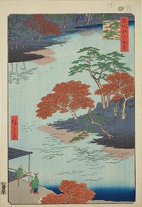 Impressões do Santuário de Akiba, Ukeji (Ukeji Akiba no keidai), n.o 91 da série "Cem vistas famosas de Edo (Meisho Edo hyakkei)" de Utagawa Hiroshige