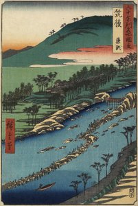Rio com armadilhas para peixes, província de Chikugo, setembro de 1855