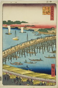 Ryogoku Bridge and the Great Riverbank (Ryogokubashi Okawabata), from the series "One Hundred Famous Views of Edo (Meisho Edo hyakkei)" de Utagawa Hiroshige