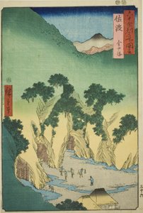 Província de Sado: Minas de Ouro (Sado, Kinzan), da série "Lugares Famosos nas Sessenta Províncias (Rokujuyoshu meisho zue)" de Utagawa Hiroshige