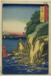 Província de Sagami: Entrada das grutas de Enoshima (Sagami, Enoshima iwaya no kuchi), da série "Lugares famosos das sessenta províncias (Rokujuyoshu meisho zue)" de Utagawa Hiroshige