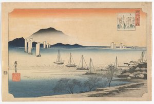 Veleiros que retornam a Yabase, período de Edo, 1830s adiantados (impressão do woodblock da cor)
