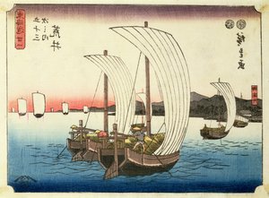 Barcos de navigação em Arai, da série &39;53 estações do Tokaido &39;, bar. por Hoeido, final dos anos 1840, (tamanho chuban, yoko-e - formato horizontal, impressão em xilogravura colorida)