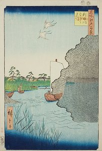 Pinheiros dispersos no rio Tone (Tonegawa Barabara-matsu), n.º 71 da série "Cem vistas famosas de Edo (Meisho Edo hyakkei)" de Utagawa Hiroshige