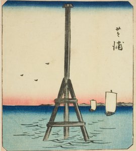 Shibaura, seção de uma folha da série da série "Fotos recortadas de lugares famosos em Edo (Edo meisho harimaze zue)" de Utagawa Hiroshige