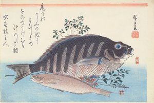 Shimadai e Ainame, da série &39;The Large Fish&39;, Escola Utagawa, c. 1840-42 (xilogravura colorida à mão sobre papel)