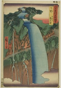 Província de Shimotsuke: Cascata de Urami no Monte Nikko (Shimotsuke, Nikkosan Urami no taki), da série "Lugares famosos das sessenta províncias (Rokujuyoshu meisho zue)" de Utagawa Hiroshige