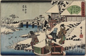 Cena da neve no templo de Mokubo-ji e no restaurante Uekiya, Uekiya, c. 1835-1842