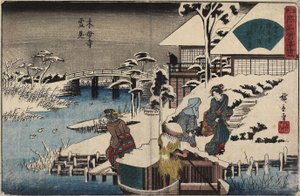 Cena da neve no templo de Mokubo-ji e no restaurante Uekiya, c. 1835-1842