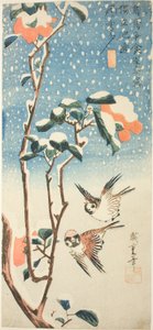 Pardais e camélia na neve de Utagawa Hiroshige