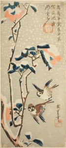 Pardais e camélia na neve de Utagawa Hiroshige