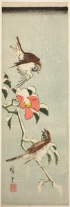 Pardais e camélias na neve de Utagawa Hiroshige