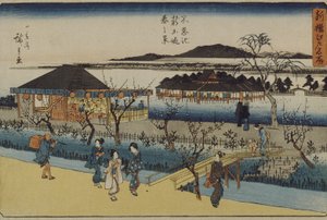 Vista primaveril da nova barragem em Shinobazu