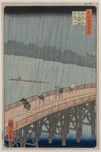 Chuva repentina sobre a ponte Shin-Ōhashi e Atake, da série Cem Vistas Famosas de Edo de Utagawa Hiroshige