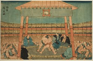 Luta de Sumô nos Recintos do Templo Ekoin (Ekoin keidai sumo no zu), da série "Ryogoku na Capital Oriental (Toto Ryogoku)" de Utagawa Hiroshige