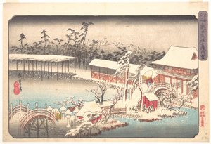 O Santuário Tenmangū em Kameido, coberto de neve de Utagawa Hiroshige