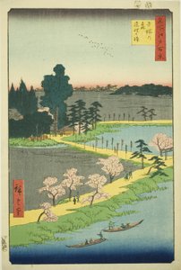 As árvores de cânfora entrelaçadas no Santuário Azuma (Azuma no mori Renri no azusa), da série "Cem vistas famosas de Edo (Meisho Edo hyakkei)" de Utagawa Hiroshige